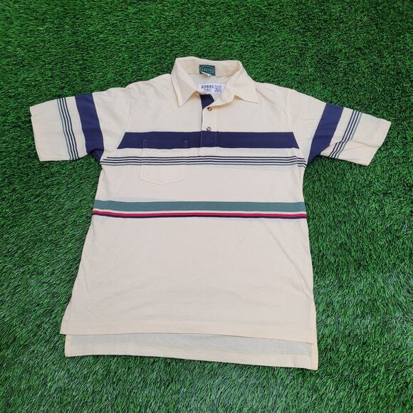 Vintage Y2K IZOD Stripes Polo Shirt Medium 20x28 Ivory Preppy - Picture 1 of 12